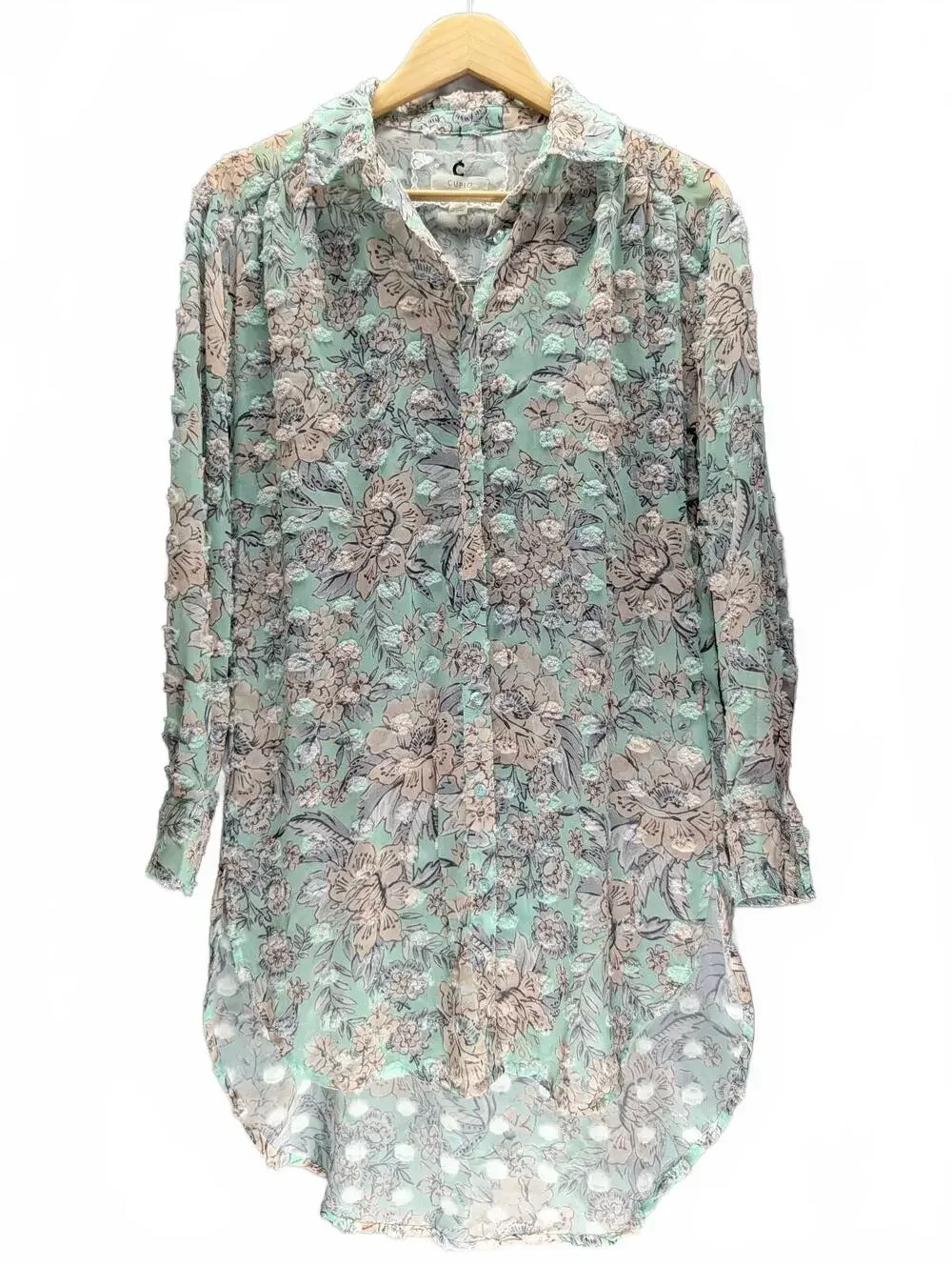 Cupio Floral Print Long Sleeve Sheer Shirt Dress Mint Green